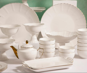 รองรับการปรับแต่ง ชุดอาหารค่ำหรูหราทันสมัย ทนทาน เป็นมิตรกับสิ่งแวดล้อม เคลือบพอร์ซเลนลายนูน ชุบทอง 16/18/24 ชิ้น มีสินค้าในสต็อก - Product Image 2