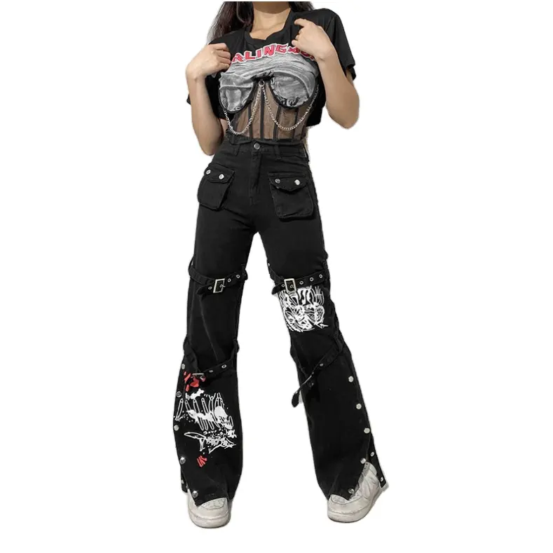 Y2K negro Punk Skull Print Mall Goth Jeans mujer ojal hebilla académico Cargo pantalones Streetwear Denim señoras jeans Pantalones