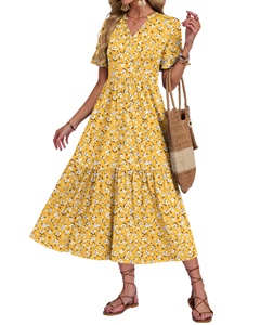 Robe midi jaune à manches courtes avec col en V et broderie florale, style bohème, coupe ample, robe décontractée d'été respirante - Product Image 4