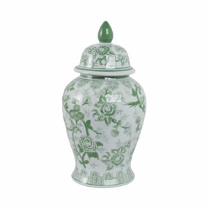 Vaso in ceramica con disegno di uccelli e fiori, urna decorativa verde e bianca per soggiorno, complemento d'arredo per la casa. - Product Image 3