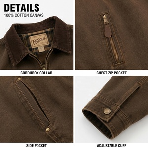 Fabricants de vestes en toile pour hommes sur mesure OEM ODM, style vintage, <span class=keywords><strong>col</strong></span> en velours côtelé, à carreaux, en coton épais, avec poches zippées, coupe décontractée, vêtements de travail - Product Image 2