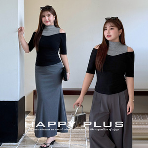 เสื้อถักคอวีสีดำแบบมีบล็อกสี แบรนด์ Runqi แขนกลาง ไซส์พลัส สำหรับผู้หญิง สวมใส่ได้ทุกวัน - Product Image 2