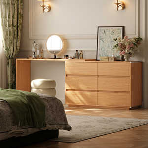 XHA Modern Oak Solid Wood Makeup Vanity with Storage Cabinet and Lighted <b>Mirror</b> for Bedroom - Product Image 3