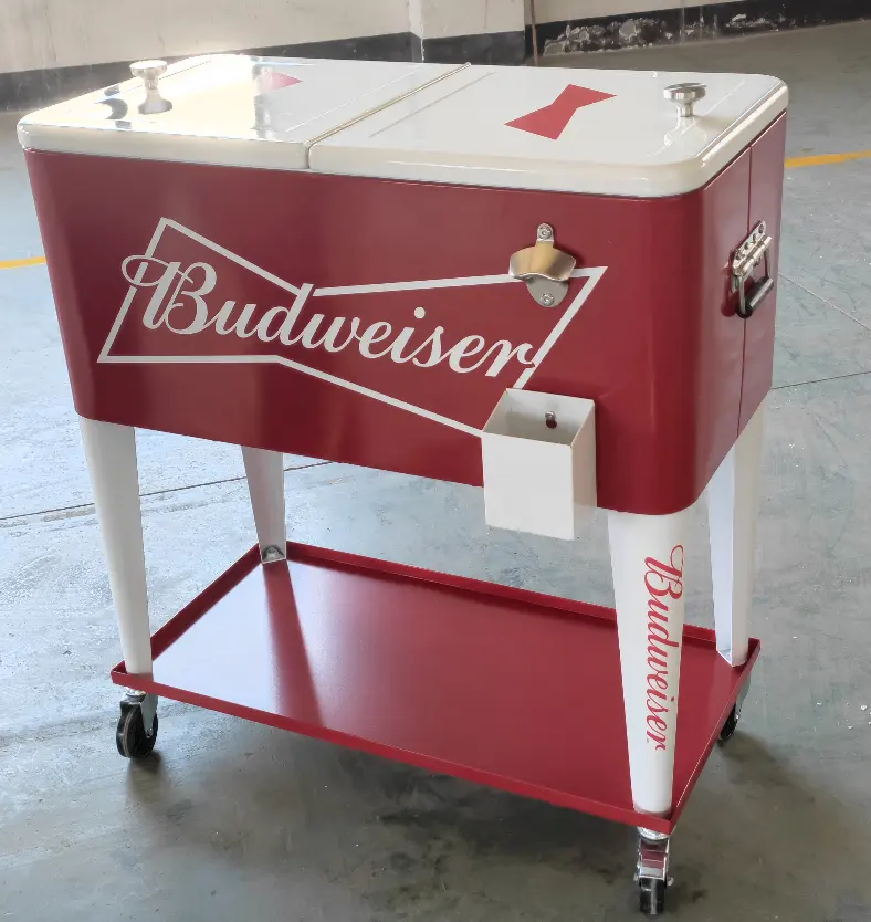 Budweiser Outdoor 80 Quart Portable Rolling Party Cooler Cart Patio Ice Chests Beverage Icebox Beer Cola Cooler Trolley