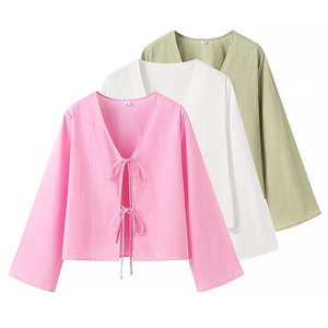 <span class=keywords><strong>Blusa</strong></span> de Moda Casual de Color Sólido con Cuello en V y Cordones Delanteros de <span class=keywords><strong>Manga</strong></span> <span class=keywords><strong>Larga</strong></span> para Mujer - Product Image 1