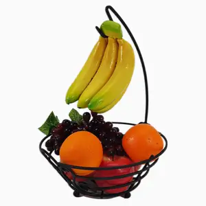 Kunst Populaire Zwarte Metalen Fruitmand Met Bananenhanger Fruitmand