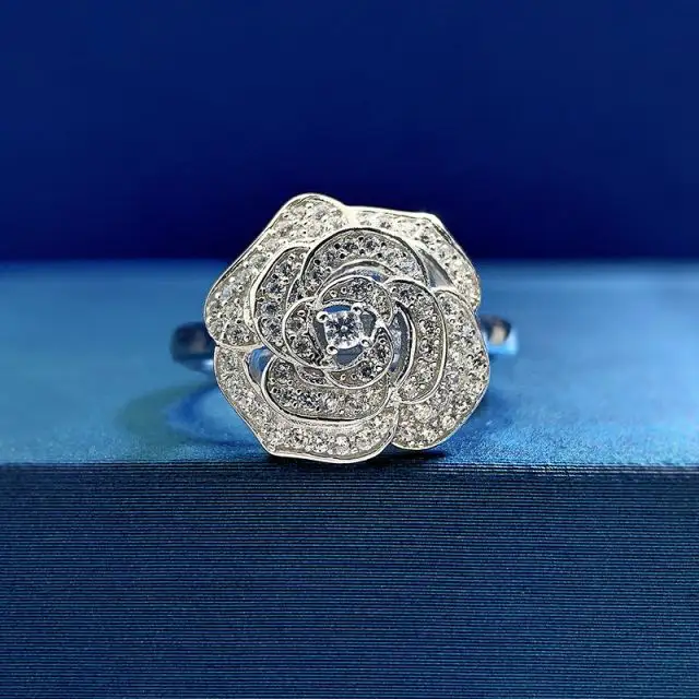 925 Sterling Silver Perfect Rose Flower Ring CZ Cubic Zirconia Camellia Rose Ring pour les femmes