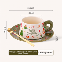 Offre Spéciale – Ensemble Tasse et Soucoupe en Céramique de Noël 280 ml avec Cuillère Dorée – Vert Olive et Rouge – Tasse à Thé et Café – Adorable Coffret Cadeau de Noël