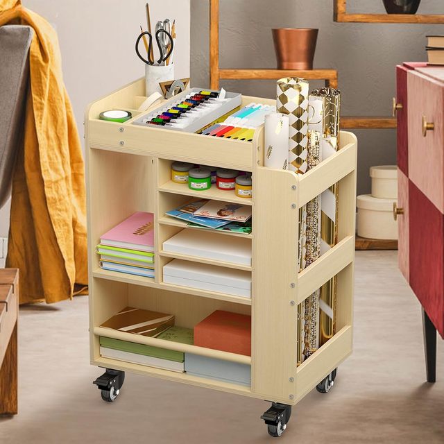 Multi-Functional Modern Wooden Art Supplies Storage Cart Eco-friendly Lacquer Finish 30x50x60cm Rolling Design for Living Room