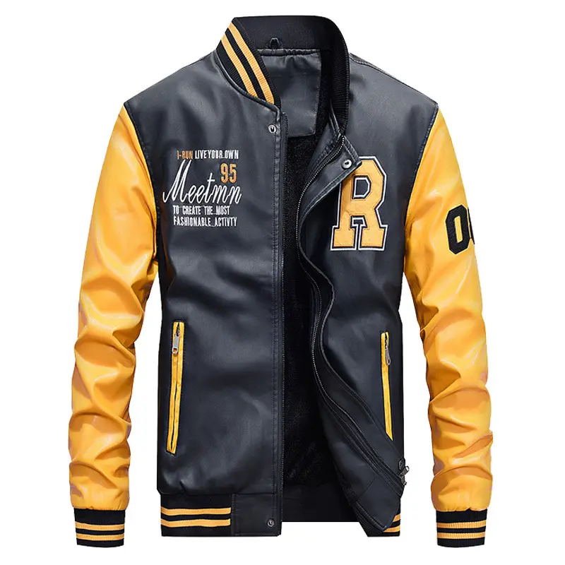 2024 New Herren Leder Baseballjacke Herren PU Mode Freizeitmantel