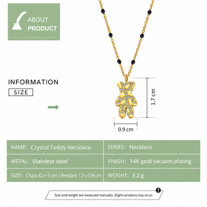 จี้หมีคริสตัลพร้อมสร้อยคอสแตนเลสชุบทอง 14K แบบสุญญากาศ ประดับด้วยลูกปัดสีดำ - Product Image 2