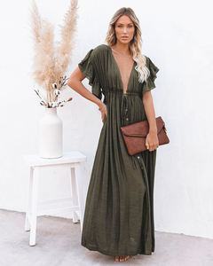 2022 manica corta donna casual elegante <span class=keywords><strong>verde</strong></span> scollo a v flowy maxi abito <span class=keywords><strong>lungo</strong></span> estivo bohémien da spiaggia <span class=keywords><strong>con</strong></span> bottoni - Product Image 2