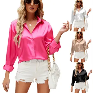 Ready to Ship Best Selling Products 2023 Satin Shirts Women Silk Blouses Solid Color V-neck Long Sleeve Shirt Lady