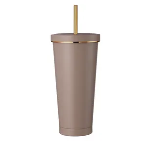 CUPPARK 750ml Double Wall Vacuum Insulation Stainless Steel Coffee Mug With Golden Straw