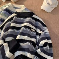 Pulls rayés pour hommes, automne-hiver, chauds, streetwear, tricots à manches longues, col rond, pulls amples, tricots vintage, 100% polyester