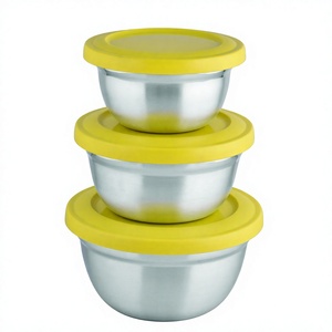 Ensemble de bols Aldi de qualité supérieure en acier inoxydable avec couvercles en plastique, au design classique élégant, au prix de gros - Product Image 1