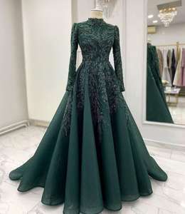 Glitzernde Luxus-Abendkleider Dubai Glänzende Meerjungfrau-Kleider mit Seitenschlitz Langarm Arabien 2026 Dunkelgrüne Partykleider Ballkleider - Product Image 2