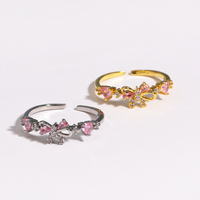 Bagues de mode en gros, plaquées or, en laiton, tendance, mignonnes, avec zircon rose en forme de cœur, nœud papillon, ajustables pour femmes