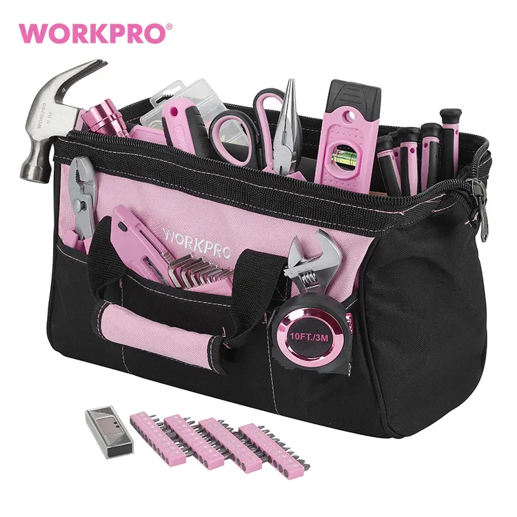 WORKPRO 75PC Home Repairing Tool Kit With Wide Mouth Open Storage Bag Household Pink Tool Set for Lady
