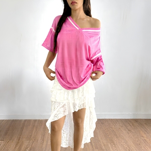 Pink Asymmetrical Cold Shoulder <b>Mesh</b> T-Shirt With Leopard Print 23 Plus Size <b>Women's</b> <b>Top</b> - Product Image 6
