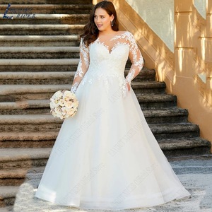 Wedding Dress A-Line Sweetheart Neckline Plus Size White Long Sleeve Lace Elegant Bridal Gown - Product Image 1
