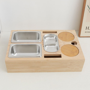 Bamboo <b>Storage</b> <b>Tray</b> With Stainless Steel Compartments Multifunctional Snack And Fruit Organizer For Sofa Use Rectangle Shape - Product Image 4