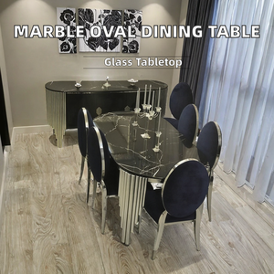 Mesa de Comedor de Estilo Nórdico Moderno, Ovalada, de Acero Inoxidable con Tapa de Vidrio Templado, Muebles para el Hogar, Hotel, 6 Plazas - Product Image 2