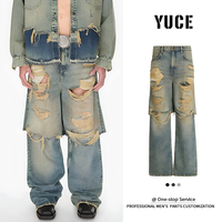 Jeans personnalisés OEM ODM YUCE pour hommes, effet déchiré, jeans de qualité supérieure, denim déstructuré, jeans baggy super déchirés à couches multiples