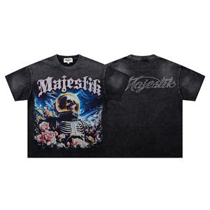 USA Streetwear Washed Cotton All Over Print T Shirt Distressed Frayed Raw Hem <b>Rhinestone</b> Graphic Loose Fit Short Sleeve <b>Top</b> - Product Image 5