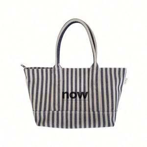 Women's Large Canvas Customized Shopping Bag Clothing with Logos Cheap Wholesale Canvas Foldable Striped Bags Reusable - Product Image 1