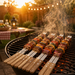 Brochettes plates en métal, brochettes en acier inoxydable pour barbecue avec manche en bois pour griller viande, légumes, shish kebab - Product Image 4