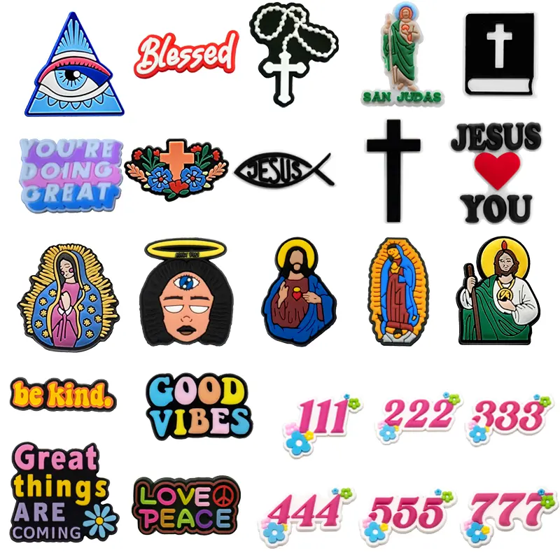 Bán buôn 2D mềm PVC mắt ác Sandal Charms cho người lớn may mắn Kinh Thánh trang trí Giày Tôn Giáo Jesus Virgin Mary quyến rũ Giày