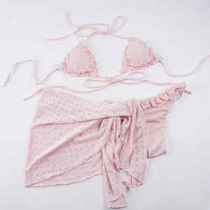 Conjunto de Bikini Rosa para Mujer, Top con Cuello Halter, Tanga con Volantes y Falda Cruzada Asimétrica para Vacaciones en la Playa, Fiesta en la Piscina, Verano 2026 - Product Image 6