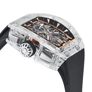 サファイアメンズメカニカルウォッチ、スケルトン化された発光ダイヤル、バレル型ケース、ブラックラバーストラップビジネスウォッチ。 - Product Image 5