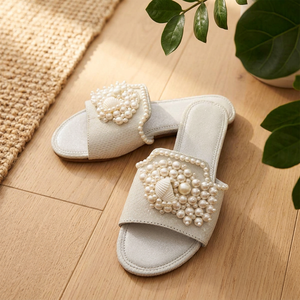 Sandalias planas de cuero con cuentas de cristal para mujer de alta calidad, plantilla única Bohemia étnica TPR, plataforma superior, tapa blanca, verano y primavera - Product Image 3