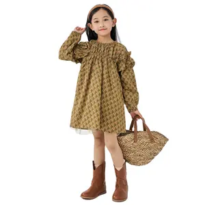 Grosir pakaian anak-anak gaun lipatan bunga gaya Vintage manis Prancis katun 100% kualitas tinggi untuk anak perempuan umur 3-8 tahun
