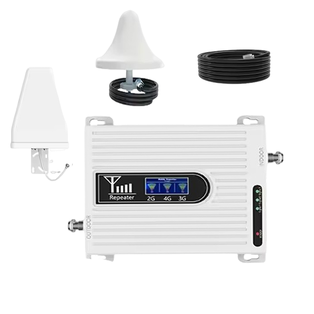 Cellular Amplifier Portable Three-frequency Signal Repeater Network Booster Mobile Phone Signal Booster Silver with Antenna