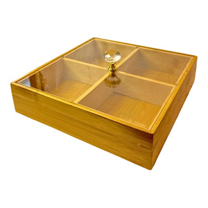 Bamboo Four Compartment <b>Storage</b> Tray With Lid For Nuts Dried Fruit Snacks Rectangle Shape 580g <b>Weight</b> - Product Image 5