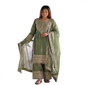 Costume Anarkali vert brodé pour femmes avec dupatta, longueur au sol, tenue traditionnelle indienne pakistanaise pour mariage - Product Image 1