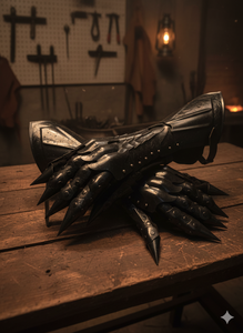 Guantes romanos de acero dulce calibre 20 con diseños en relieve, acabado negro antiguo con guantes de cuero. - Product Image 3