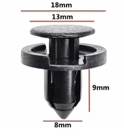 Clip de fixation automobile en plastique noir durable à enfoncer pour pare-chocs et doublure d'aile, avec tête de 18 mm, bride de 13 mm, tige de 9 mm et rivet de 8 mm pour trou