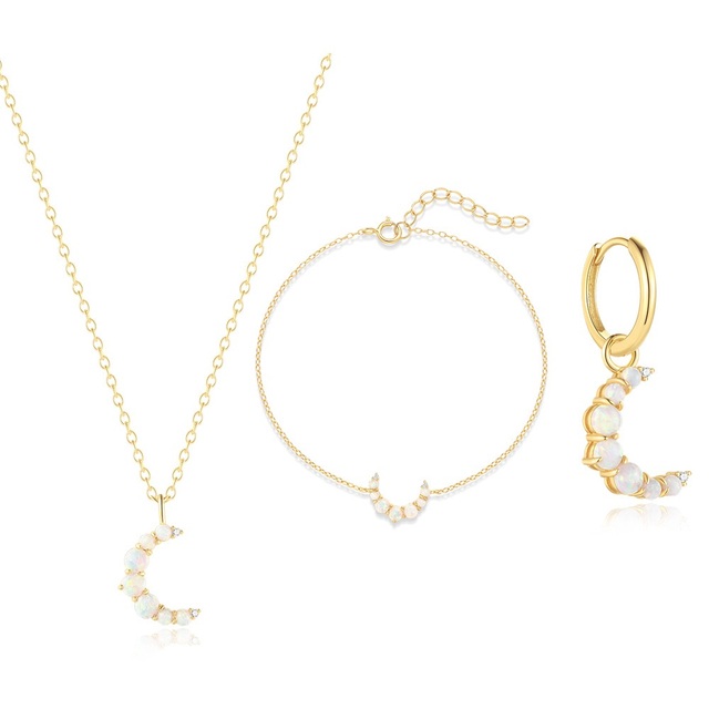 New Style Luxurious 925 Sterling Silver 14K Gold Plating Opal Inlay Moon Bracelet Earring Necklace Jewelry Set for Woman
