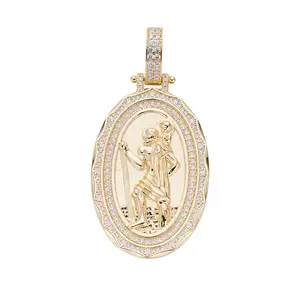 Hip Hop Newest Jewelry Pure Silver Micro Pave CZ 14K Golden Plated St Saint Christopher Medal Medallion Pendant