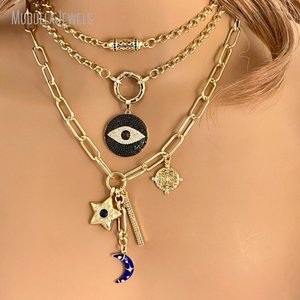 Collana a strati multi-ciondolo NM58214 con luna in smalto blu, stella in zirconia cubica, barra, bussola e ciondolo occhio turco, gioielli da donna, regalo per lei - Product Image 3