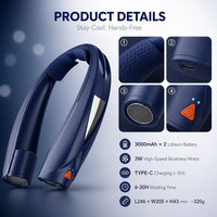Ventilateur de cou rechargeable léger 2026 bleu foncé, portable, mains libres, refroidisseur de cou USB Type-C 6000mAh 3W sans balais, pour l'été et la voiture