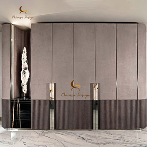 Luxury Design Wooden Leather Wardrobes Custom Villa House Clothes Cabinet Closet <b>Storage</b> Bedroom Furniture - Product Image 1