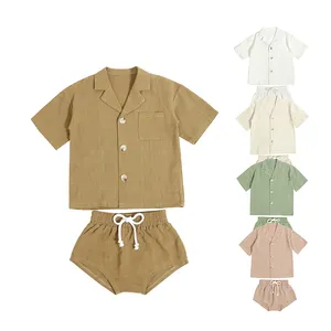New Arrival 2 Pieces Short Sleeves Linen Viscose Kids Clothes V Neck Buttons Plain Baby Boy Clothing Sets