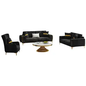 Sofá de lujo moderno de terciopelo, juego de sofá de mediados de siglo, negro y dorado, con bonitas almohadas