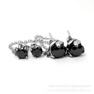 yunnique Drop <b>Earrings</b> Black Round <b>Stud</b> With <b>Chain</b> Titanium Steel Bezel Setting Geometric Design Fashion Jewelry - Product Image 5