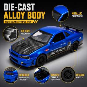 รถของเล่นโมเดลไดแคสต์ขนาด 1:36 แบบดึงถอยหลัง รุ่น Skyline <span class=keywords><strong>GT</strong></span>-R R34 ฝากระโปรงเปิดได้ ผลิตจากโลหะ สไตล์ JDM รถสปอร์ต สำหรับเด็ก - Product Image 3